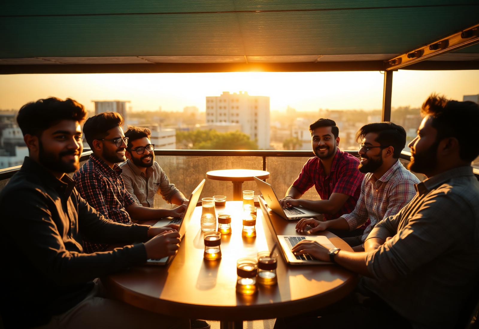 Founders around a rooftop table in Hyderabad at golden hour